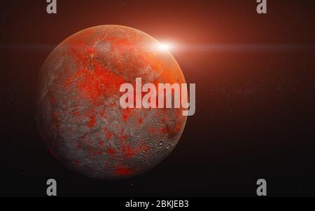 Red Rock e pianeta di fiction lava nello spazio esterno con lente di sole che sale. Elementi dell'immagine sono stati forniti dalla NASA Foto Stock