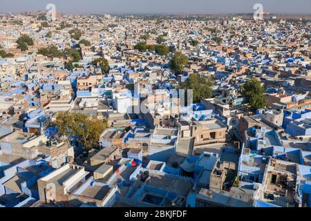 India, Rajasthan, Jodhpur, collina di Pachetia, vista elevata sui tetti blu della città Foto Stock