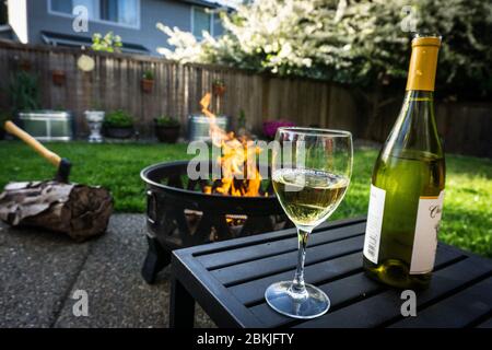 Un bicchiere di vino bianco, accanto ad una bottiglia con un fuoco e schiusa sullo sfondo in una bella giornata primaverile. Foto Stock