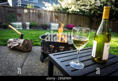 Un bicchiere di vino bianco, accanto ad una bottiglia con un fuoco e schiusa sullo sfondo in una bella giornata primaverile. Foto Stock