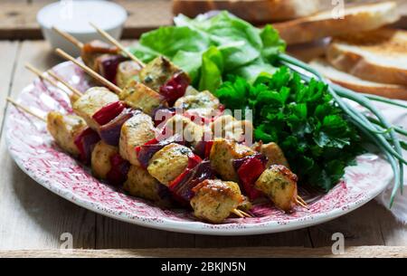 Kebab di pollo con verdure servite con varie erbe e salsa. Foto Stock