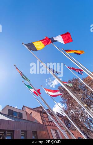 Bandiere di UE, Gran Bretagna, Francia, Italia, Germania, Belgio e altri paesi su flagpoli a Strasburgo, Francia Foto Stock