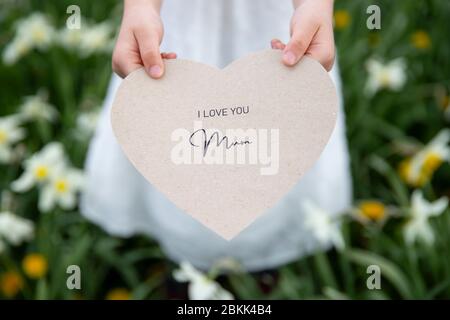 Ti amo mamma scritto su una carta a forma di cuore tenuto da una ragazza su sfondo d'erba Foto Stock