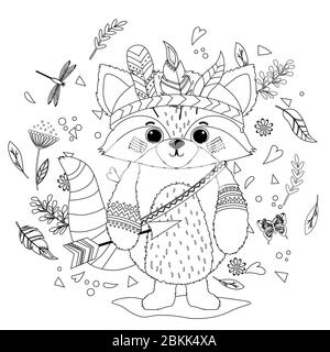 Un racone in un cappello indiano di guerra piume. Libro da colorare per bambini.. Animale etnico disegnato a mano per colorare le pagine, arte terapia, boho t-shirt a motivi geometrici Illustrazione Vettoriale