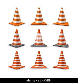 Coni di traffico impostato. Coni di plastica da strada realistici rossi con strisce bianche, illustrazione vettoriale Illustrazione Vettoriale