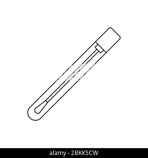 Provetta con l'icona della linea di campionamento con tampone. Analisi del coronavirus. Campione di DNA. Bastoncino di cotone per analisi nasale o saliva. Kit di prova. Contorno nero Illustrazione Vettoriale