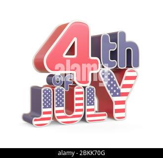 4 luglio testo 3d con texture della bandiera USA, isolato su bianco. immagine 3d Foto Stock