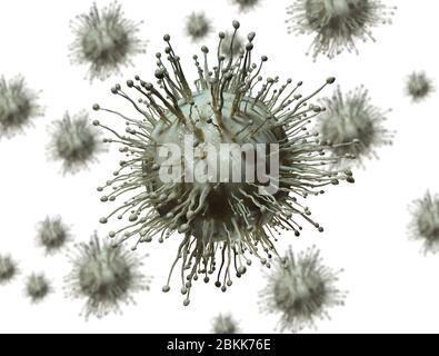 Le cellule virali si chiudono isolate su sfondo bianco. Coronavirus Covid-19 Foto Stock