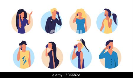 La gente parla con il vettore di telefono cartoon illustrazione insieme comunicazione. Uomo e donna chiamano con il telefono. Conversazione discussione chat concetto. Sociale Illustrazione Vettoriale