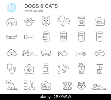 Negozio di animali domestici. Set di icone vettoriali piatte con linea sottile. Illustrazione Vettoriale