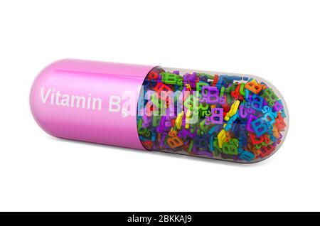 Capsula vitaminica B5, acido pantotenico. Rendering 3D isolato su sfondo bianco Foto Stock