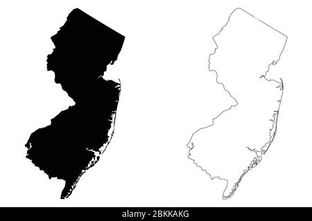 Mappe di stato del New Jersey NJ. Silhouette e profilo neri isolati su sfondo bianco. Vettore EPS Illustrazione Vettoriale