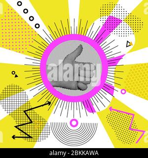 Movimento pollici su. Mano Gesture OK su raggi solari, sfondo memphis. Forme geometriche su sfondo bianco. Mano nell'illustrazione vettoriale circolare Illustrazione Vettoriale