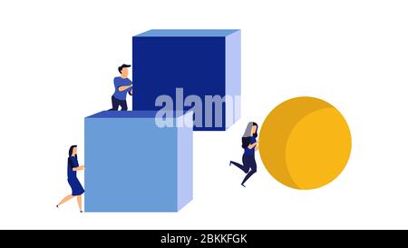 Business uomo d'affari e donna d'affari concetto strategia concorrente obiettivo vettore con sfera e cubo. Efficienza di leadership migliore spostare palla o scatola Illustrazione Vettoriale