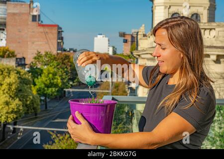 Donna che innaffia le piante nel balcone durante la quarantena Foto Stock