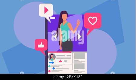 Donna blogger illustrazione vettoriale comunicazione internet. Blog online sul concetto smartphone social network mobile. Review come video contenuti live stre Illustrazione Vettoriale
