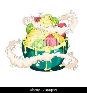 Gelato alla vaniglia con kiwi e anguria a fette con panna al latte in stile comix. Illustrazione vettoriale colorata del gelato Illustrazione Vettoriale