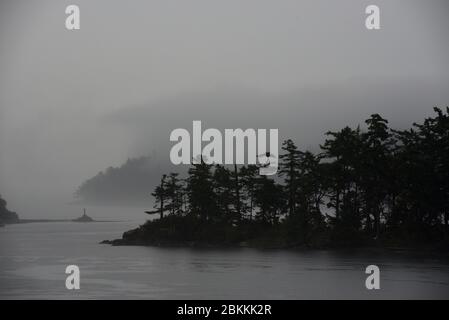 Piccole isole e alberi sono silhouette nella nebbia al largo della costa di Vancouver Island, British Columbia, Canada, come visto da una nave BC Ferries su una Foto Stock