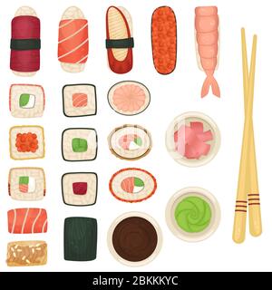 Set di sushi e panini con salsa di soia, wasabi e zenzero. Cucina giapponese. Illustrazione a disposizione piatta. Illustrazione Vettoriale