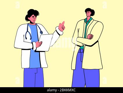 Il medico sta parlando con il paziente. Stabilire la diagnosi. Concerto medico in stile cartoon piatto. Persone che comunicano. Due giovani uomini isolati. Illustrazione Vettoriale