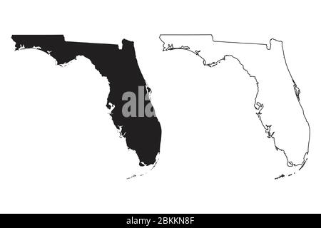 Florida FL state Maps. Silhouette e profilo neri isolati su sfondo bianco. Vettore EPS Illustrazione Vettoriale