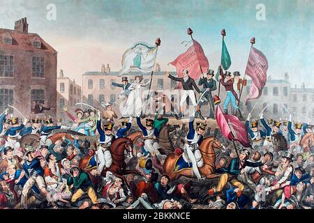 A Henry Hunt, Esquire, quale presidente della riunione riunita a St. Peter's Field, Manchester, sedicesimo giorno del 1819 agosto, E alle riformatrici femminili di Manchester e alle città adiacenti che sono state esposte e soffrite dall'attacco furtivo e spietato fatto loro da quella brutale forza armata, la cavalleria di Manchester e Cheshire Yeomanry, questo piatto è dedicato dal loro collega lavoratrice, Richard Carlile:[1] un'incisione colorata che raffigura il massacro di Peterloo (soppressione militare di una dimostrazione a Manchester, Inghilterra con la carica di cavalleria il 16 agosto 1819 con perdita di vita) a Manc Foto Stock