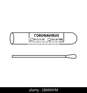 Icona della linea del tampone per coronavirus nella provetta. Campione di prova in bianco per la diagnostica Covid 19. Bastoncino di cotone per tampone nasale o saliva. Contorno nero su bianco Illustrazione Vettoriale