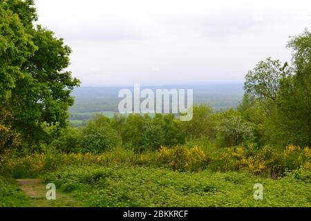 Ammira il basso Weald del Kent da IDE Hill, il villaggio più alto del Kent, sul Greensand Ridge che segna il bordo del Weald. Nuvoloso giorno all'inizio di maggio Foto Stock