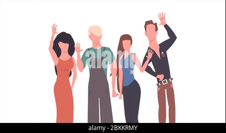 Persone che salutano la mano gesto vettore immagine piatta. Gruppo dire ciao e benvenuto. Cartoon insieme l'amicizia stretta di mano cooperazione del carattere. H Illustrazione Vettoriale