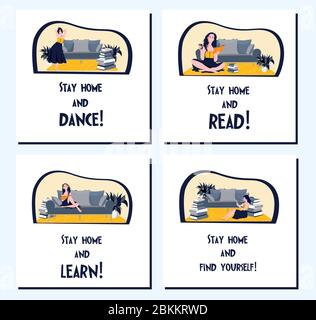 Rimani a casa. Il concetto di quarantena, autoisolamento. Set di biglietti di auguri.. Illustrazione Vettoriale