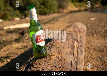 Qualcuno ha lasciato una bottiglia di birra vuota vicino a Castro Point a Richmond, California. Foto Stock