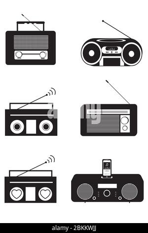 Set radio. Icona con pittogramma che raffigura diverse radio in bianco e nero isolate su sfondo bianco. Vettore EPS Illustrazione Vettoriale