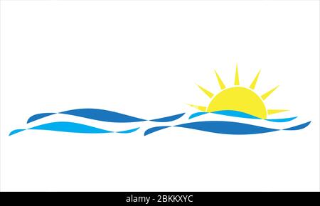 Logo di disegno vettoriale per le onde marine e le icone del sole Illustrazione Vettoriale