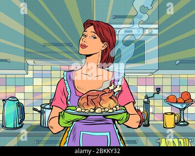 Donna con anatra di pollo fritta pronta Illustrazione Vettoriale