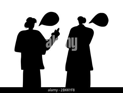 Silhouette di due persone che parlano isolate su sfondo bianco. Persone che comunicano con bolle di parlato. Semplice illustrazione vettoriale piatta. Illustrazione Vettoriale