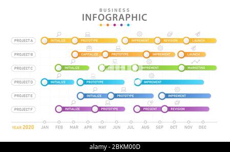 Modello infografico per le aziende. Diagramma della cronologia moderna a 6 fasi con roadmap. Illustrazione Vettoriale