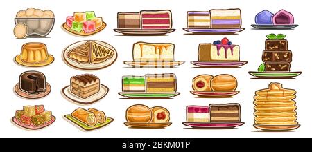 Set vettoriale di dolci assortiti, lotto di 19 torte isolate e delicate e dolci enogastronomici su piatti e piatti, gruppo di molti cut ou Illustrazione Vettoriale