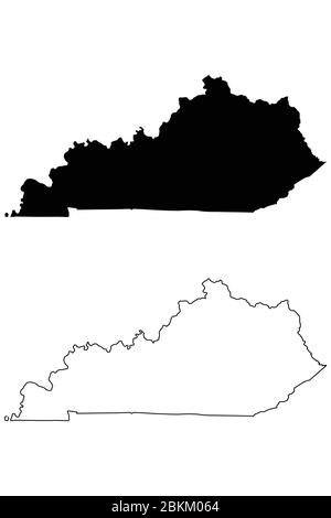 Kentucky KY Mappe di stato. Silhouette e profilo neri isolati su sfondo bianco. Vettore EPS Illustrazione Vettoriale