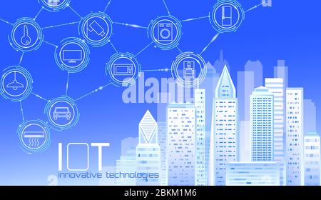 Internet delle cose a bassa poli smart city 3D maglia di filo. Intelligent building automation concetto IOT. Moderna online senza fili icona comando paesaggio urbano Illustrazione Vettoriale