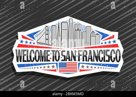 Logo Vector per San Francisco, adesivo decorativo bianco con illustrazione del paesaggio della città di san francisco sullo sfondo del cielo del giorno, magnete frigorifero con unico Illustrazione Vettoriale