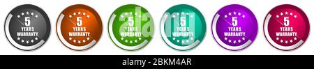 Garanzia 5 anni di set icone, argento metallico cromato bordo vettoriale pulsanti web in 6 colori opzioni per il webdesign Illustrazione Vettoriale