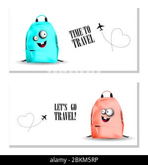 ZAINO piatto ROSA E BLU con accessori da viaggio su sfondo BIANCO. Concetto di viaggio. Illustrazione Vettoriale