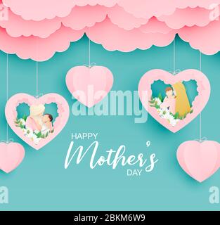 Happy Mother's day poster o banner con madre abbraccio il suo bambino in carta stile taglio. Modello di promozione dello shopping per il giorno della mamma. Arte digitale artigianale della carta Illustrazione Vettoriale