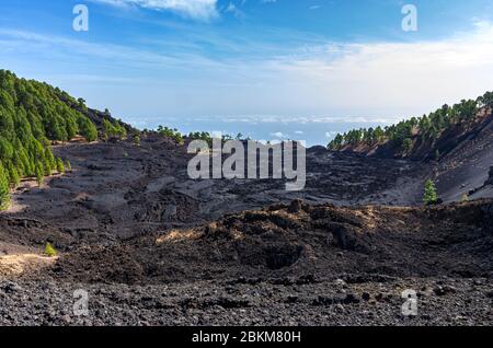 Lago di lava circondato da pini ai piedi del vulcano Duraznero a la Palma, Isole Canarie Foto Stock