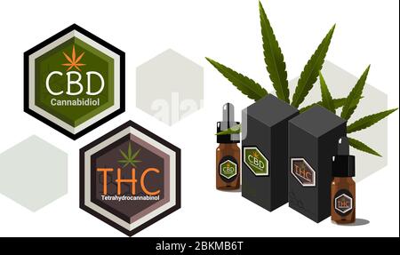 Vector design Health and Medical Concept icona o logo per CBD cannabinoidi e THC tetraidrocannabinolo prodotti e olio pacchetto Illustrazione Vettoriale