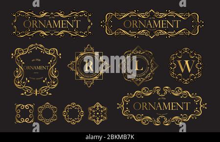 Set di lussuosi distintivi con colore dorato. Cornice decorativa Vintage ornamento adatto Moda, Boutique, Hotel Brand, etichetta e Banner. - vettore Illustrazione Vettoriale