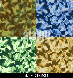 Set di 4 diverse texture kaki mimetizzazione militare, illustrazione vettoriale Illustrazione Vettoriale