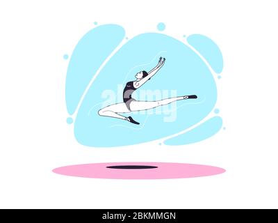 Donna ballerina aggraziata in stile minimalista. Ballerina salta e vola in aria con la gamba piegata e tesa. Posizione e posi del balletto Illustrazione Vettoriale