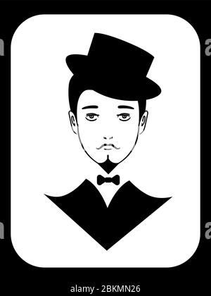 Icona in bianco e nero con gentiluomo vintage in tuxedo e cappello Illustrazione Vettoriale