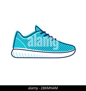 Icona moderna scarpa da running minimalista. Semplice sneaker con top in mesh blu brillante. Illustrazione di clip vettoriali isolate. Illustrazione Vettoriale